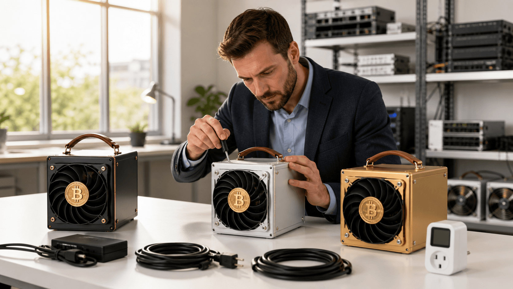 Glowing gold Bitcoin coin beside a compact black miner on a dark blue circuit board background.