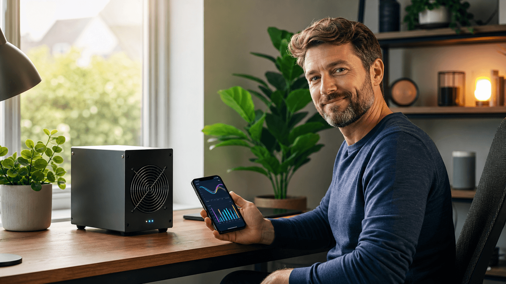 Glowing Bitcoin symbol above a compact home mining device with blue circuitry and warm ambient lighting.