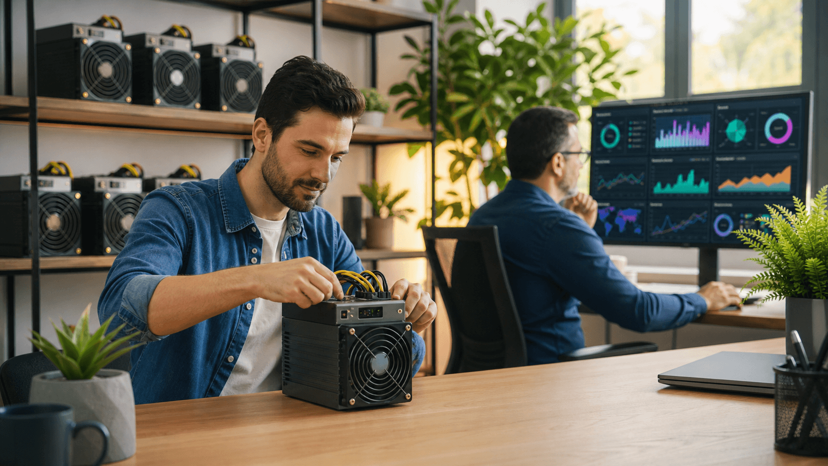Glowing gold Bitcoin symbol above a dark mining rig, with blue circuit patterns and scattered coins.