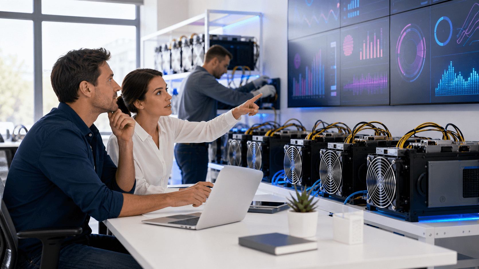 Glowing Bitcoin symbol over mining rigs, charts, and lottery balls in a dark blue data-center scene.
