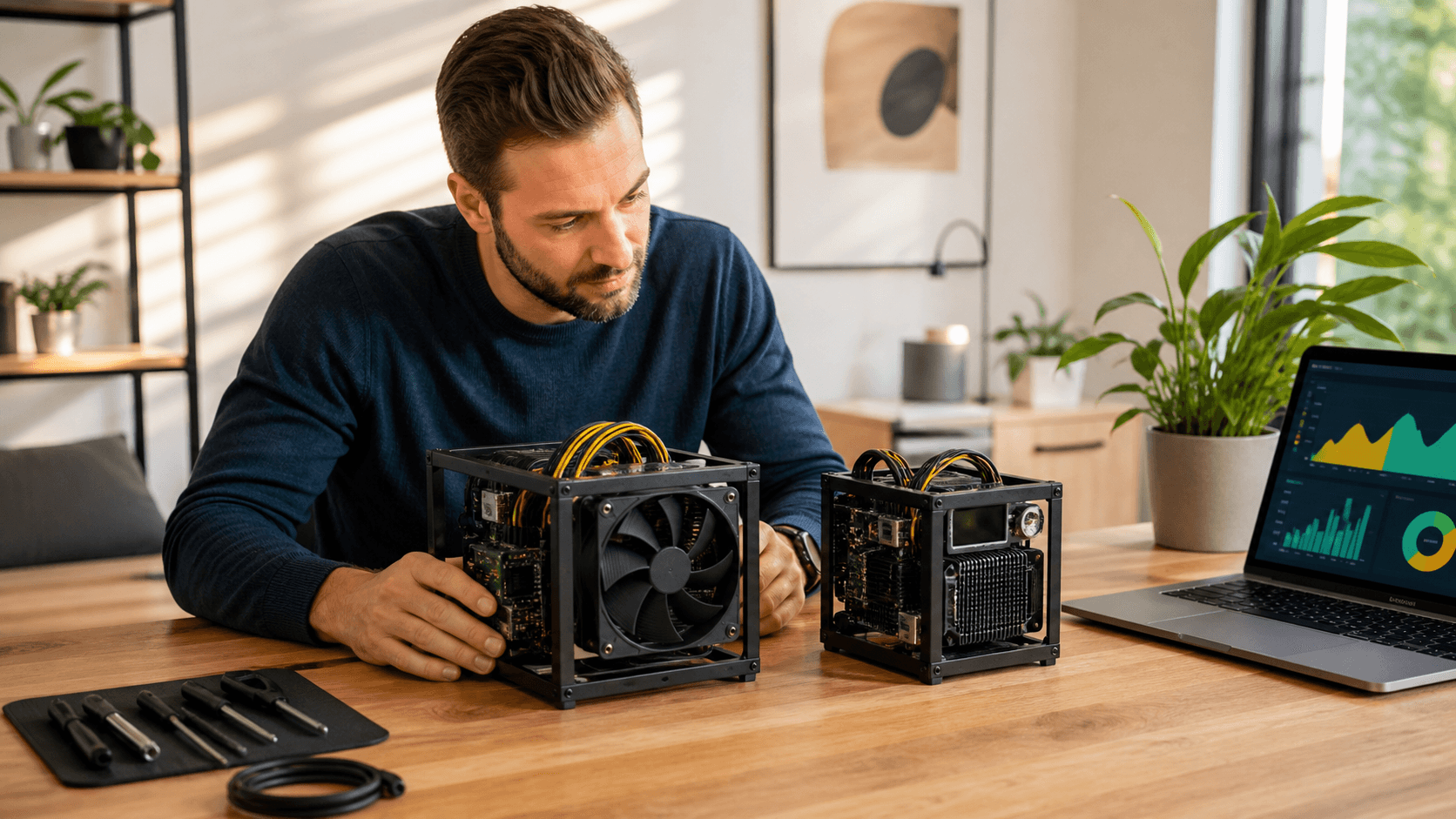 Two compact cryptocurrency mining rigs glow with green LEDs on a desk in a dim home office.