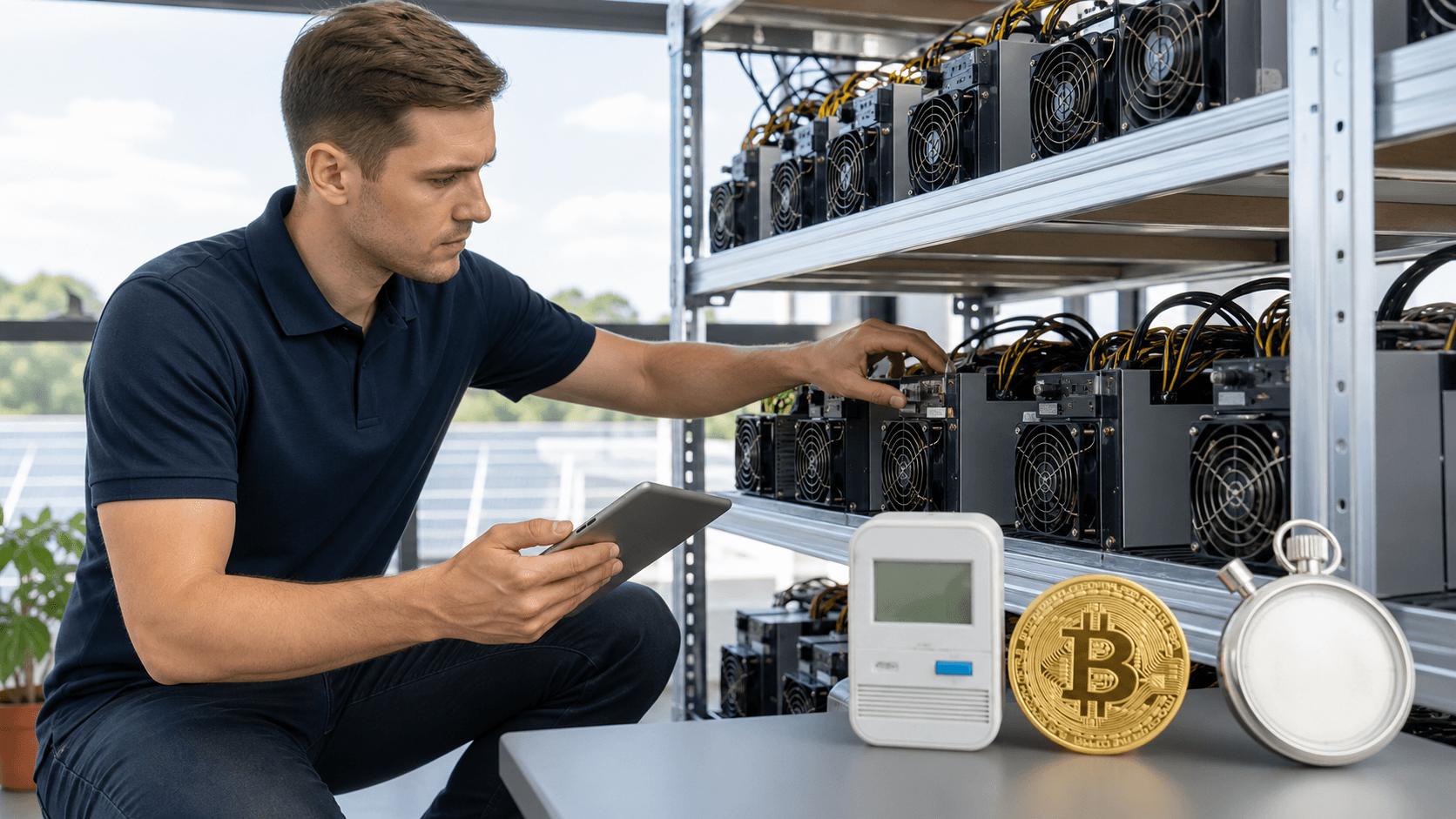 Glowing gold Bitcoin coin beside a digital mining rig with blue charts on a dark background.