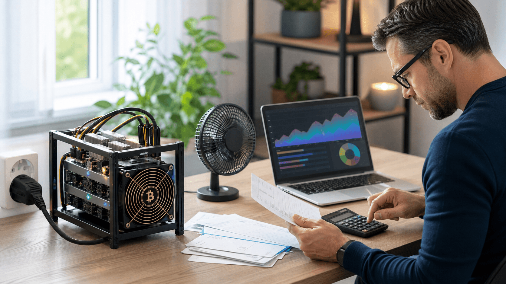 A compact Bitcoin miner glows blue beside stacked coins and a rising green chart on a dark background.