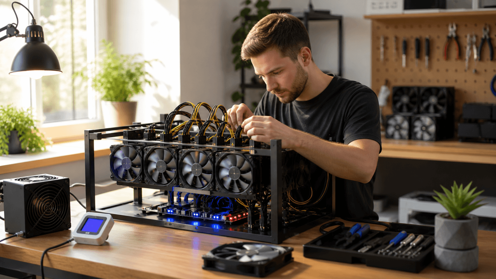 Dimly lit Bitcoin mining rig with tangled cables, glowing red warning lights, and a cracked monitor displaying error codes.